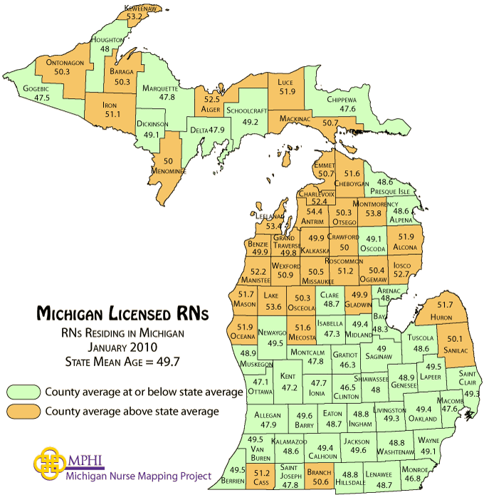 Michigan Nurse Mapping Mean Age of Licensed Nurses