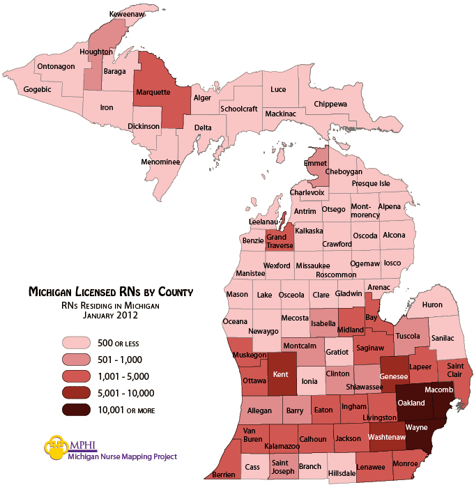 Michigan Licensed RNs by Region and County, Michigan Nurse Mapping Project