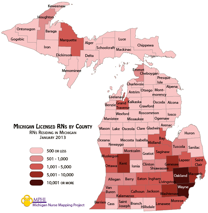 Michigan Licensed Rns By Region And County, Michigan Nurse Mapping Project