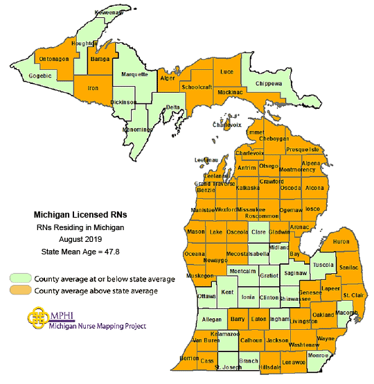 Michigan Nurse Mapping: Mean Age of Licensed Nurses by County in 2016
