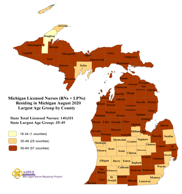 largest age group map of Michigan nurses in 2020